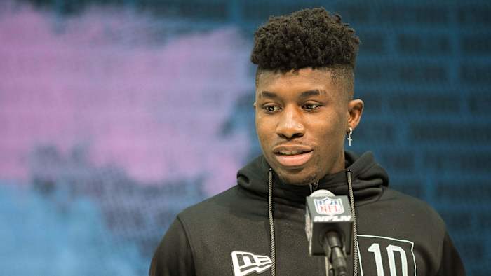 Jeff Gladney takes questions at the podium during the 2020 NFL Scouting Combine